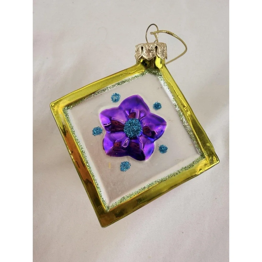 Vintage Hand Blown Glass Cube Christmas‎ Ornament Raised Applied Decoration